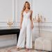 Women's Clothing Elegant V-Neck Wide Leg Jumpsuit - Chiffon & Lace Wedding Party Romper For Women, Sexy & Classy White One-Piece Pantsuit (S/M/L/XL)_ecoleips.com