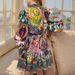 Women's Printed Turn-Down Collar Lantern Sleeve Ruffled Vintage Pleated Dress_ecoleips.com