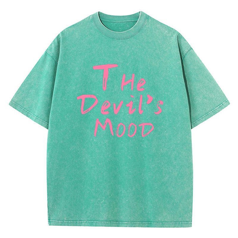 Fashion Womans Cotton Washed T-shirts The Devil's Moon Letter Prints Tops Casual O-Neck Oversize Tees Street Female Clothes_ecoleips.com