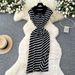 Women's Korean Chic Retro Striped Dress Polo Collar Short Sleeved Fitted Waist Elegant Slit Midi Skirt Summer Style Niche_ecoleips.com