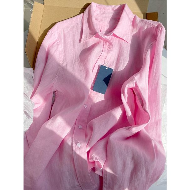 Women's Clothing Pink Ramie Shirt Boyfriend Style Loose Casual Long Sleeved Cotton And Linen Shirt_ecoleips.com