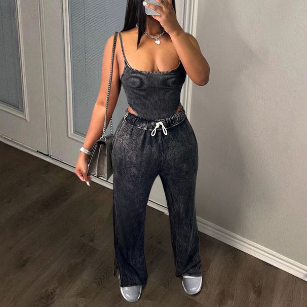 European And American Women's Tracksuit Set Sleeveless Halter Top Elastic Waist Slit Wide Leg Pants Sexy Suit Two Piece Set_ecoleips.com