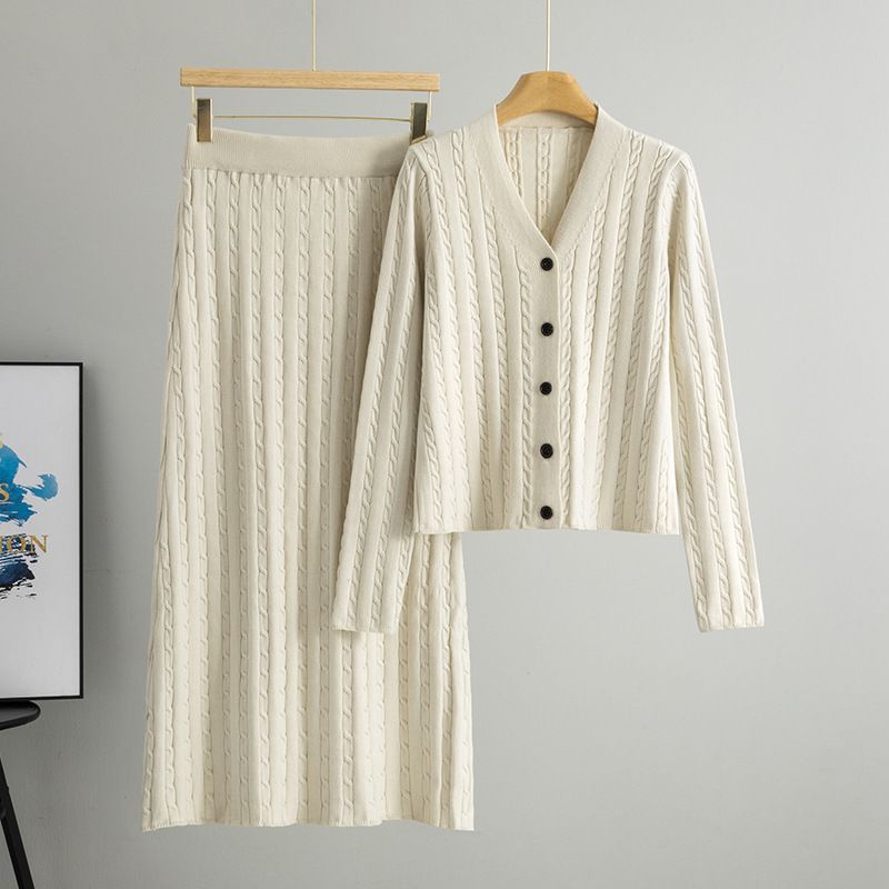 Elegant Knit Sweater & Skirt Set - Slim Fit Cardigan With Knee-Length Pencil Skirt (Brown, Beige, Black, Nude, Gray) - One Size Fits Most_ecoleips.com
