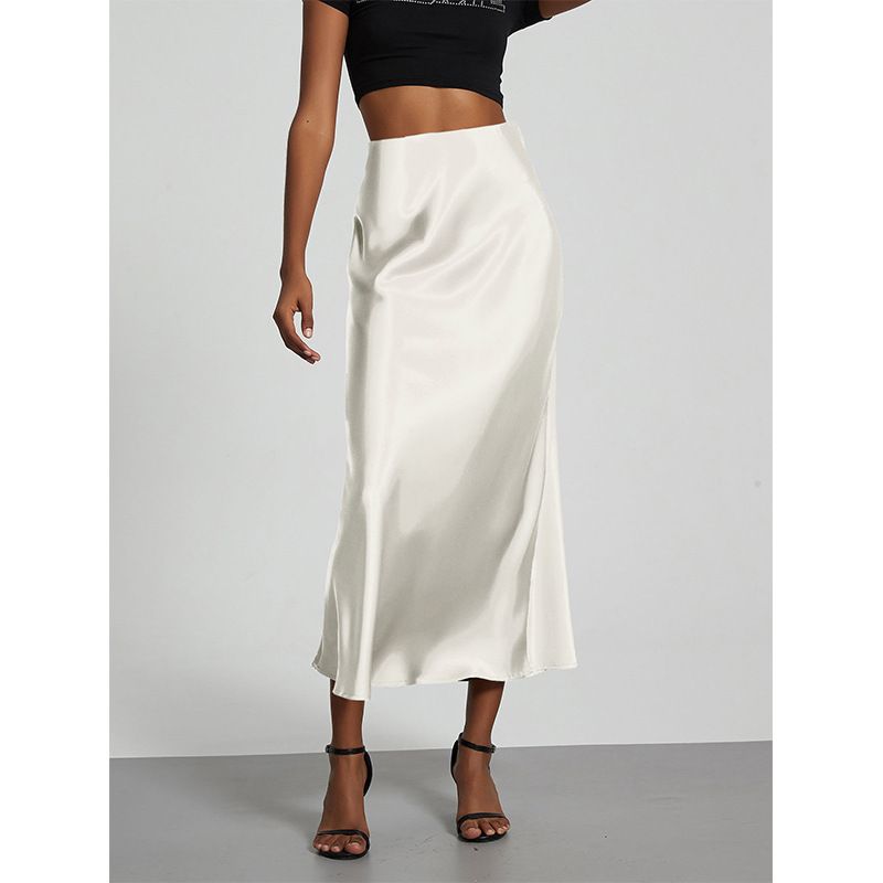 Fashionable Elegant Satin Texture Midi Skirt for Women Solid Color Glossy Draped European American Style Wholesale_ecoleips.com