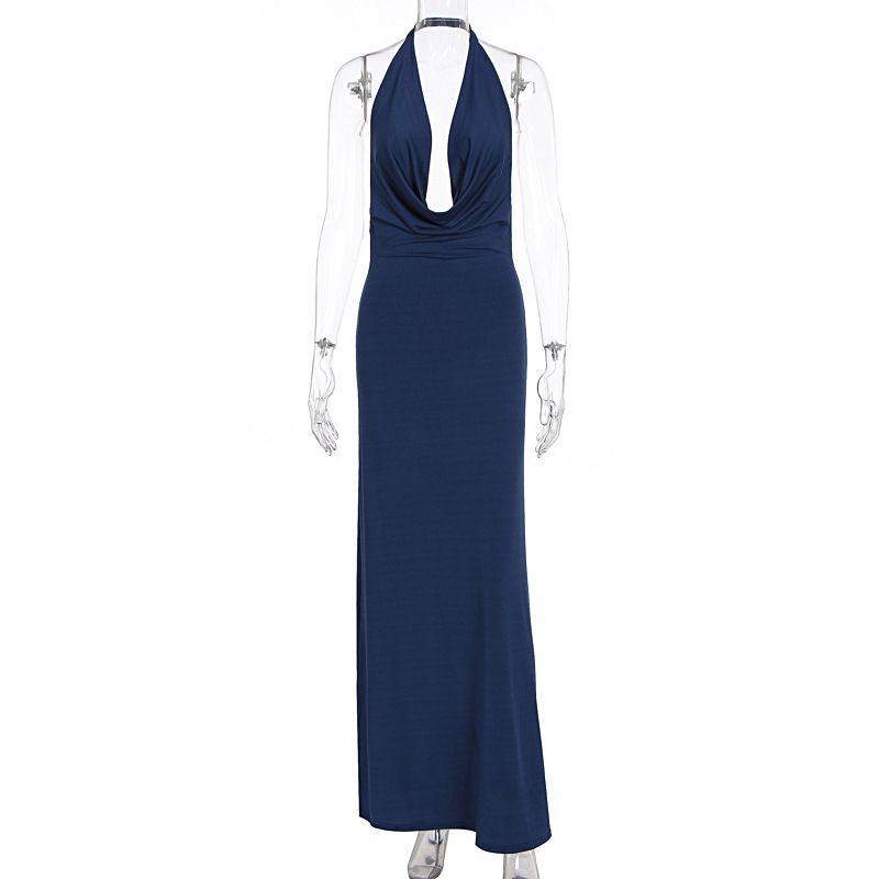 Fashion Sexy Halter V Neck Backless Dress Premium High Quality Advanced Texture Evening Party Dress For Women_ecoleips.com