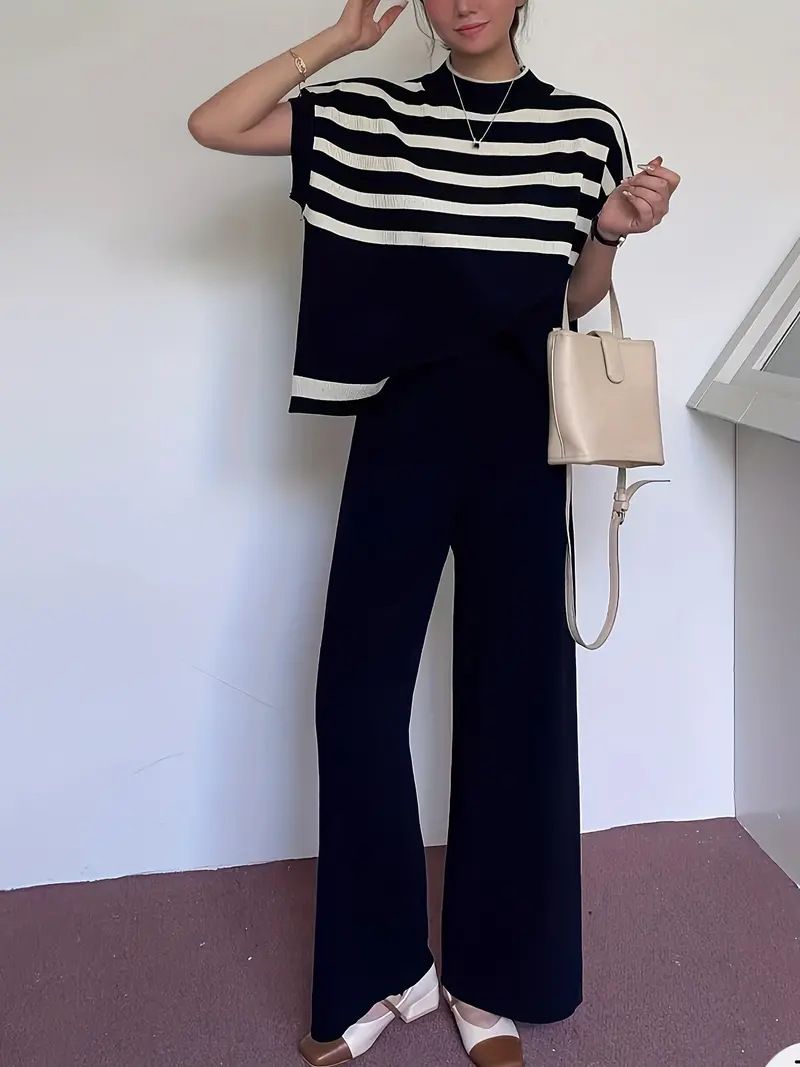 Women's High-End Striped Knitted Pant Set Casual Slim Fit Vest Top And Wide Leg Pants Spring/Autumn Fashion_ecoleips.com