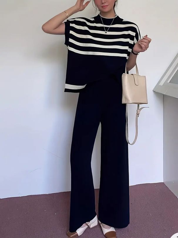 Women's High-End Striped Knitted Pant Set Casual Slim Fit Vest Top And Wide Leg Pants Spring/Autumn Fashion_ecoleips.com
