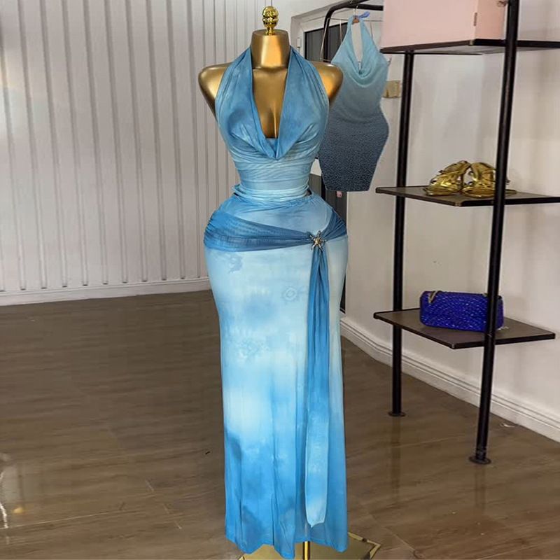 Summer Sleeveless Halter Neck Backless Tank Top With Tie-Dye Print Skirt 2-Piece Outfit Set, Flowy Beach Coverup_ecoleips.com