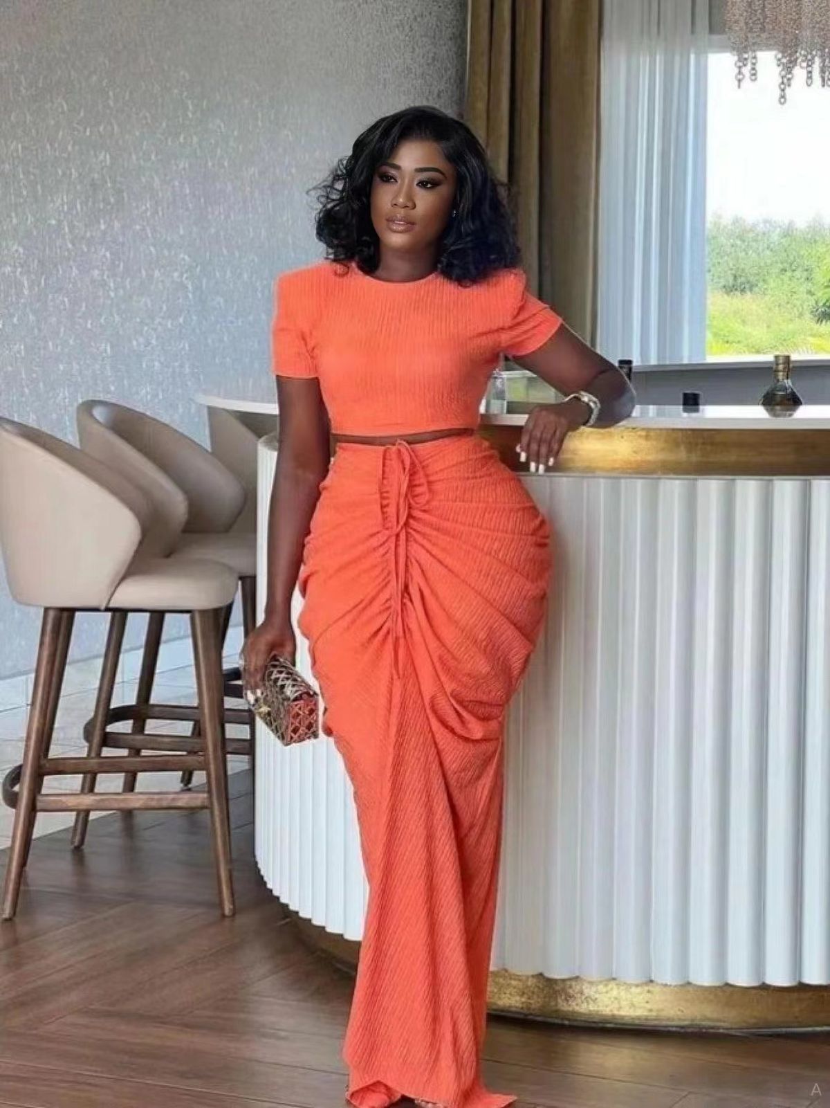 European And American New Women's Tight Sexy Pleated Short Sleeved Top Drawstring Pleated Skirt Two Piece Set_ecoleips.com
