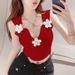 Women's Clothing Summer sweet hot girl sexy pure desire style arc v neck three dimensional flower clavicle design camisole vest female top_ecoleips.com