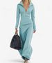 Long Sleeve Zip-Up V-Neck Dress – Minimalist Elegance In Soft Jersey Fabric_ecoleips.com