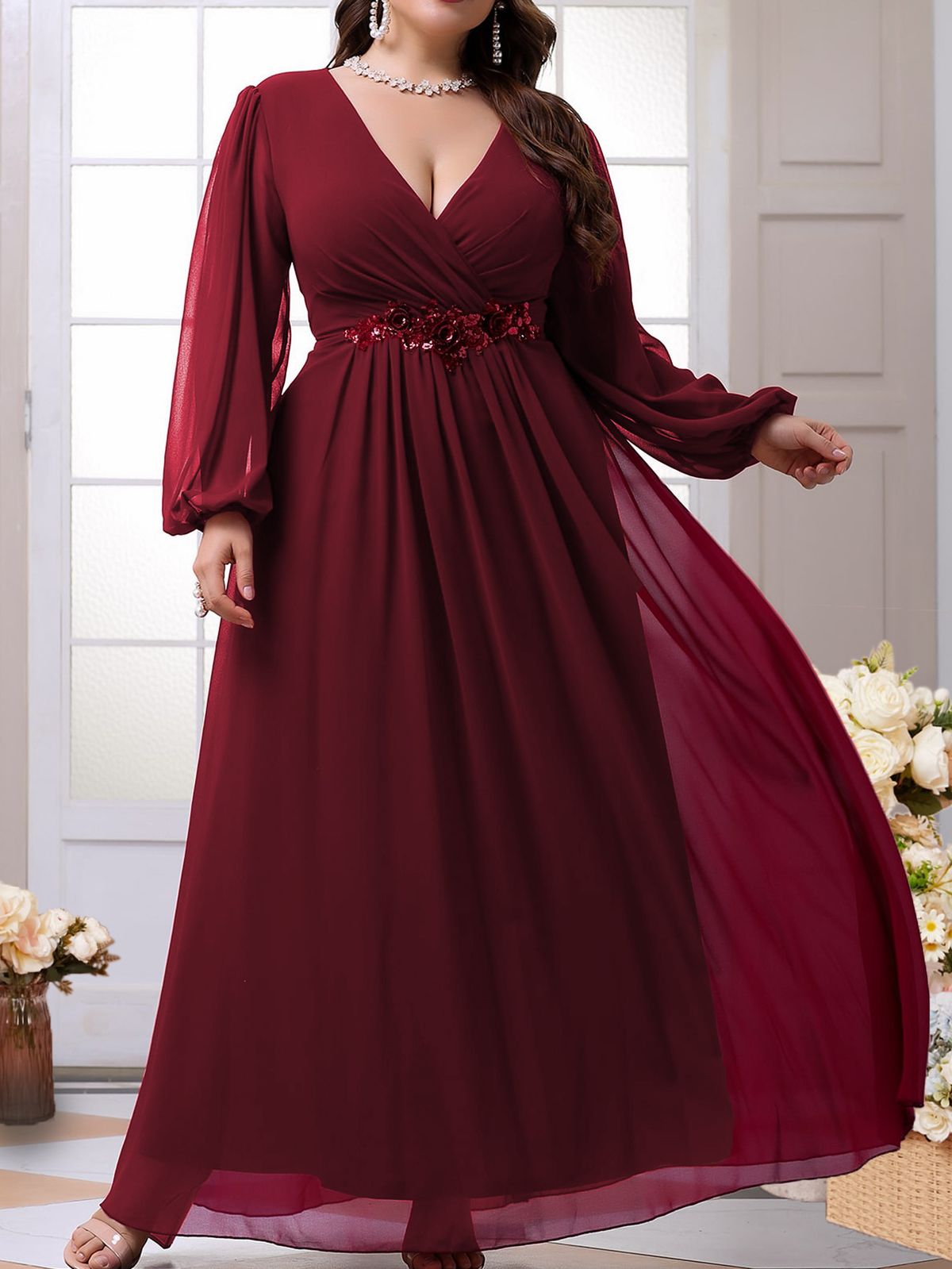 Women's Plus Size V Neck Long Sleeve Appliqué Elegant Evening Dress Prom Dress Party Dress Bridesmaid Dress_ecoleips.com