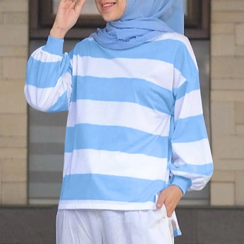 Women's Long Sleeved Tops Fashion Striped Shirts Ladies Shirts Casual Loose Muslim Robes_ecoleips.com