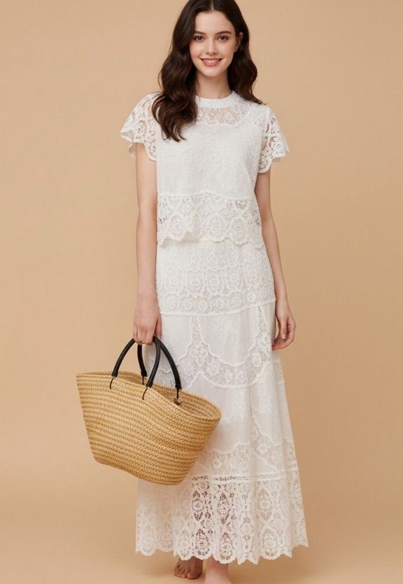 Women's Clothing French Lace Two-Piece Set – Embroidered Blouse & Midi Skirt (One Size, Beige)_ecoleips.com