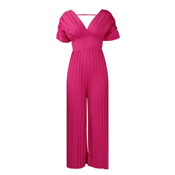 Women's Clothing New Women's Sexy V Neck Solid Color Pleated Jumpsuit_ecoleips.com