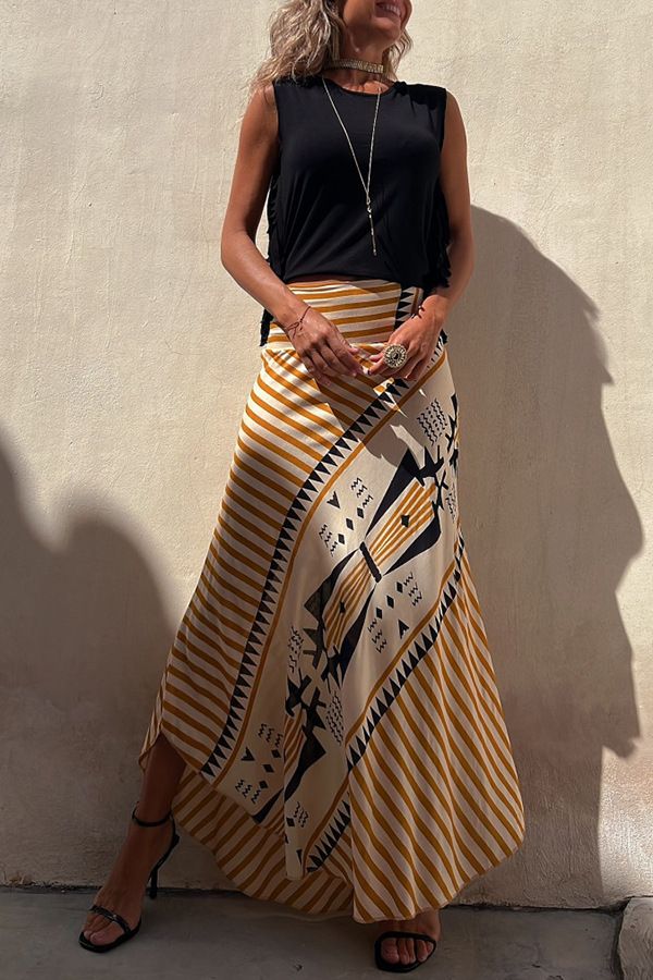 Women's Clothing A Line Printed Skirt Comfortable Casual Skirt + Sleeveless Tassel Vest Set_ecoleips.com