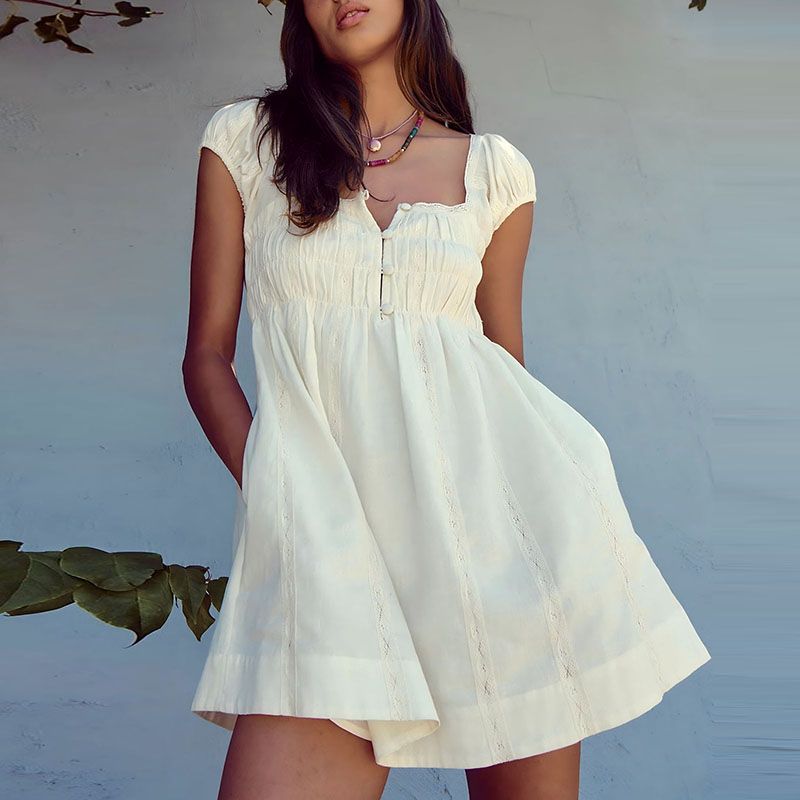 Simple Solid Color Button High Waist A-line Dress Casual Pocket Backless Dress 2026 Women Square Neck Short Sleeved Beach Dress_ecoleips.com