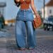 Women's High-Waisted Flare Pants, Retro American Style False Two-Piece Wide-Leg Jeans_ecoleips.com