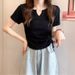 Women's Solid Color T-Shirt V Neck Drawstring Slim Fit Summer New Style Top_ecoleips.com