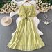 Women's French Style Tie Neck Puff Sleeve Dress Gentle Elegant Summer Casual Long Dress Simple Commuting Style_ecoleips.com