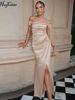 Hugcitar Stain Straps Solid Ruched Lace Up Zipper Slit Sexy Elegant Maxi Prom Dress Summer Women Clothes Evening Party Birthday_ecoleips.com