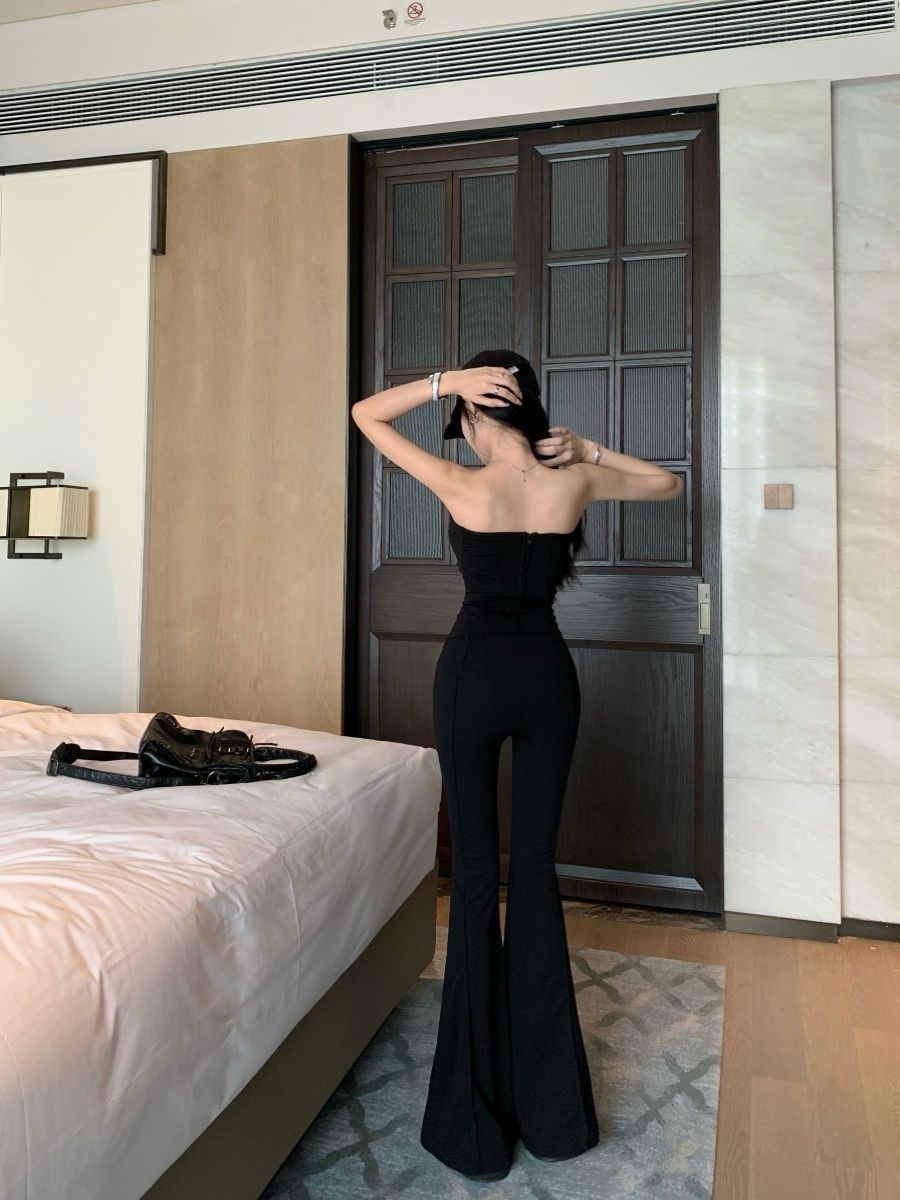 Women's Strapless Black Vest And Trousers Two Piece Set Spicy Fishbone Design Spring Casual Floor Length Pants for Mature Women_ecoleips.com