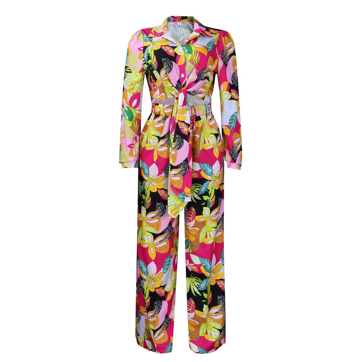 Women's Fashion Print Two-piece Suit Lapel Tie Shirt Wide Leg Pants Suit_ecoleips.com
