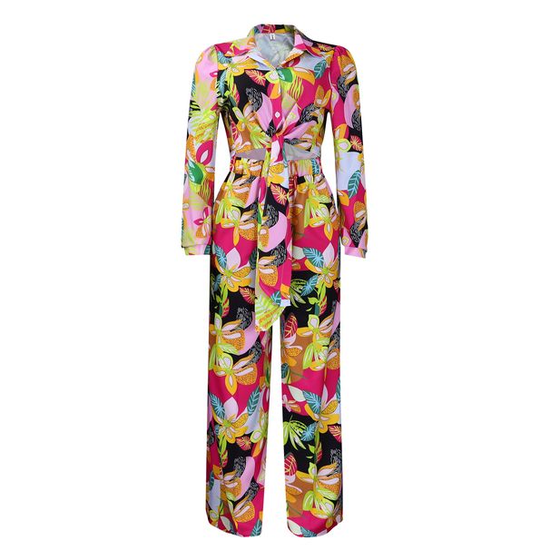 Women's Fashion Print Two-piece Suit Lapel Tie Shirt Wide Leg Pants Suit_ecoleips.com