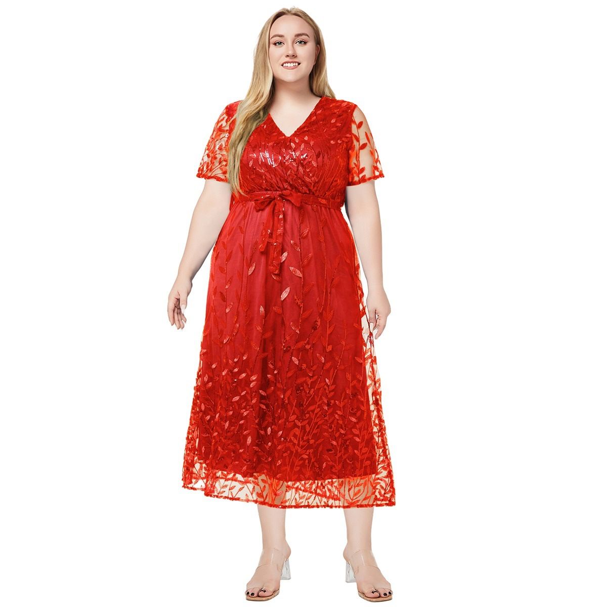 Plus Size Women's Summer New V Neck Short Sleeved Sequined Bridesmaid Dress Dress_ecoleips.com
