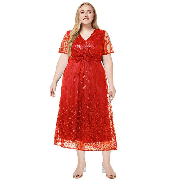 Plus Size Women's Summer New V Neck Short Sleeved Sequined Bridesmaid Dress Dress_ecoleips.com