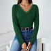 Voya Women's New Loose Casual V-neck Patchwork Lace T-shirt Long Sleeved Fashionable Top_ecoleips.com