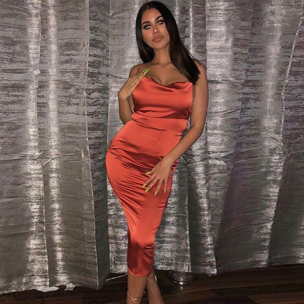 Women's Clothing Summer Silk Solid Color Halter Neck Backless Thin Strap Hip Skirt Sexy Dress Women's Clothing_ecoleips.com