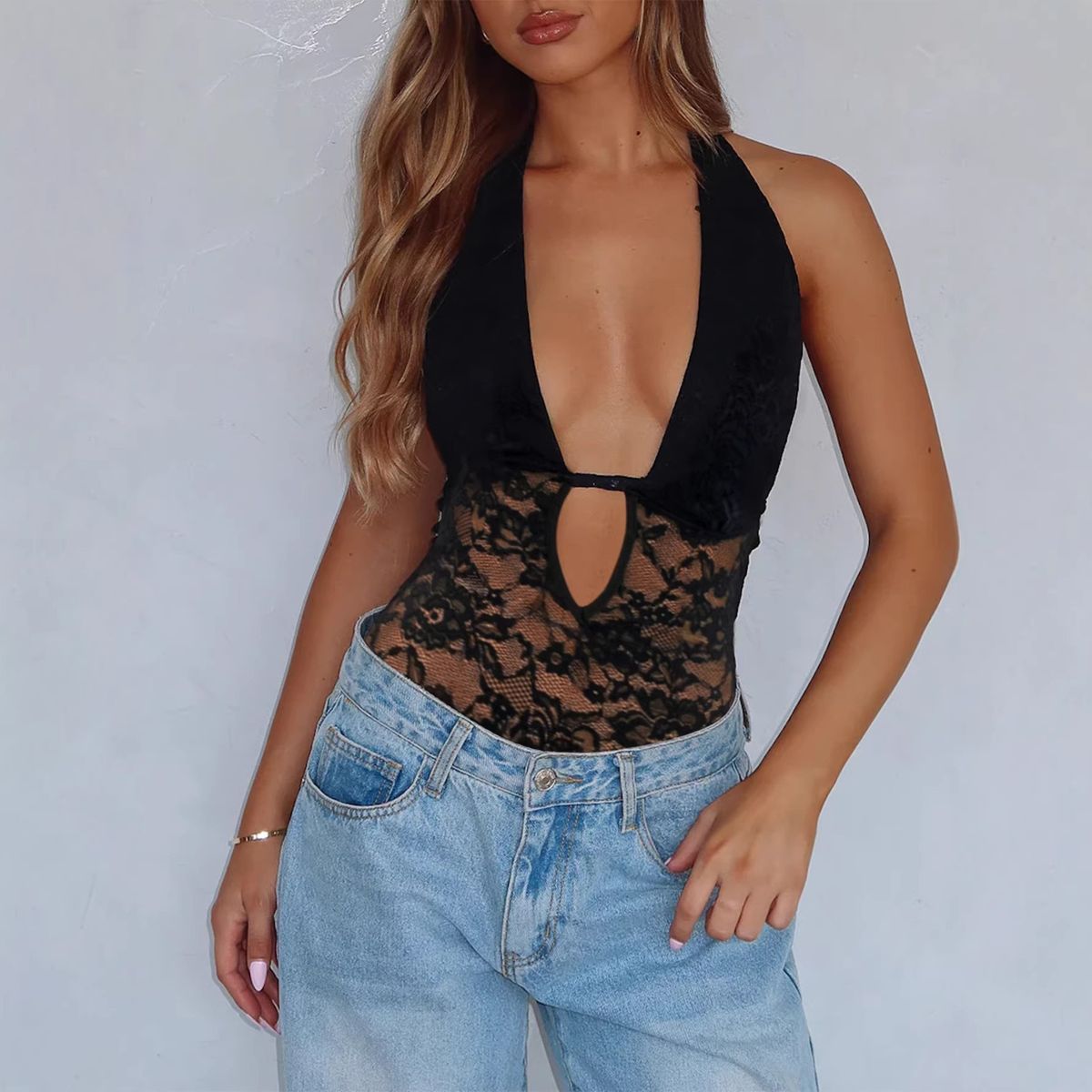 European American Style Halter Neck Deep V Cutout Backless Bodysuit, Sheer Slim Fit, Suitable For Both Inner And Outer_ecoleips.com