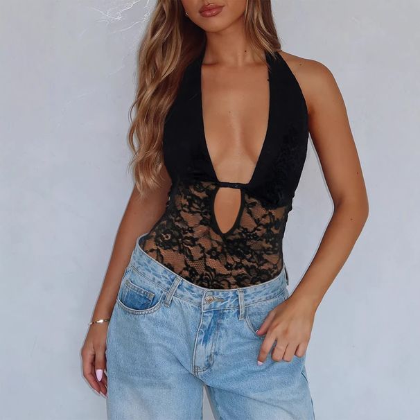 European American Style Halter Neck Deep V Cutout Backless Bodysuit, Sheer Slim Fit, Suitable For Both Inner And Outer_ecoleips.com