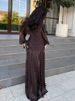 Women's Fashion Draped Design Solid Long Dress 2026 Casual Commute Waist Party Dresses Elegant O-neck Long Sleeve Evening Dress_ecoleips.com