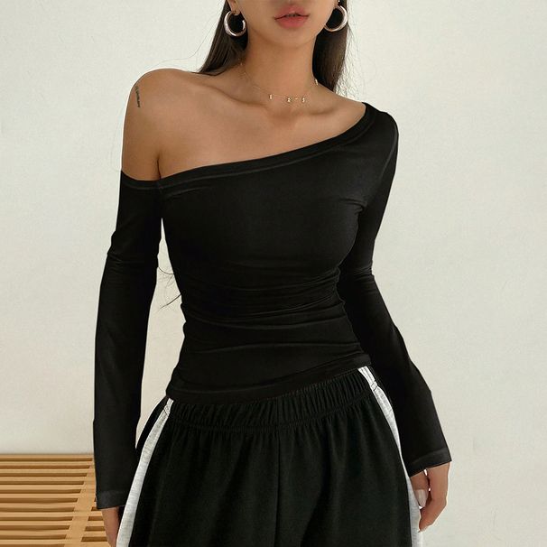 Voya Women's Trendy And Sexy Off Shoulder T-shirt With Spring And Summer Slanted Collar, Carefully Designed Long Sleeved Top_ecoleips.com