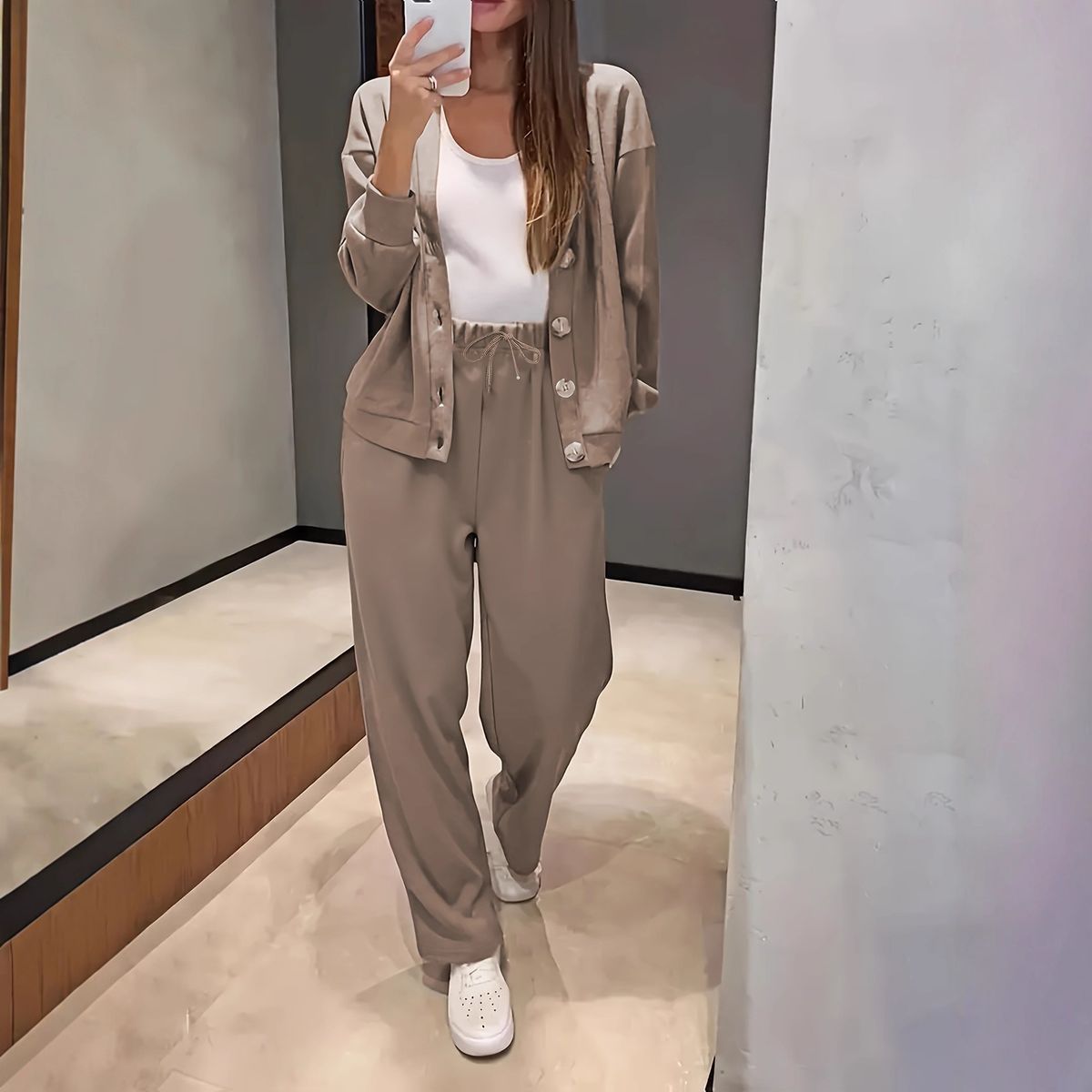 Women's Minimalist V-Neck Knit Set, Comfort-Fit Cardigan With High-Waisted Lounge Pants, Casual Two-Piece Outfit_ecoleips.com