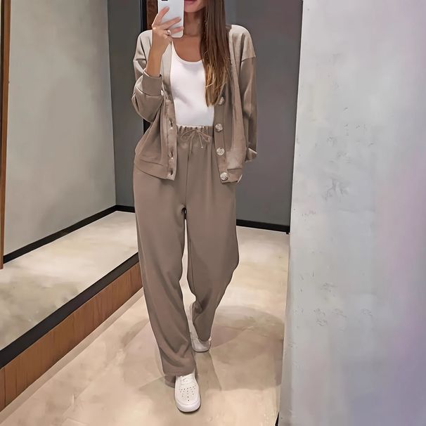 Women's Minimalist V-Neck Knit Set, Comfort-Fit Cardigan With High-Waisted Lounge Pants, Casual Two-Piece Outfit_ecoleips.com