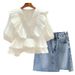 Plus Size Women's Summer Outfit Set: V-Neck Blouse & High-Waist Denim Skirt For Curvy Ladies_ecoleips.com
