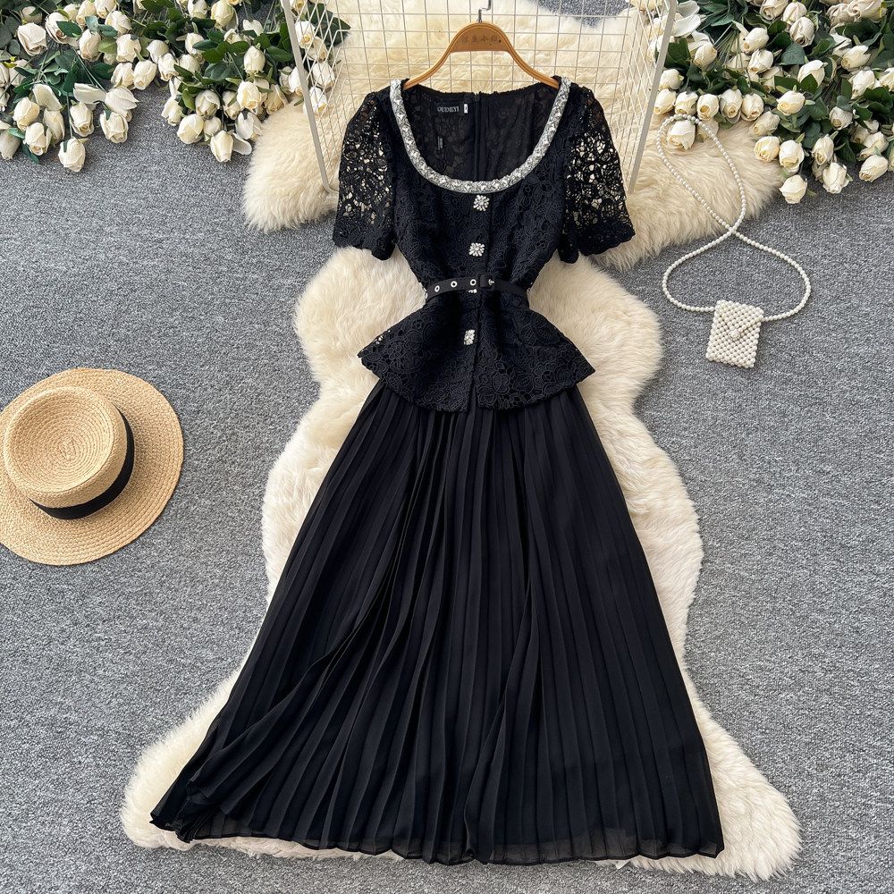 Women's French Style Lace Trimmed Dress Short Sleeved Summer Square Neck Slim Waist Pleated Long Skirt Elegant Sophisticated_ecoleips.com
