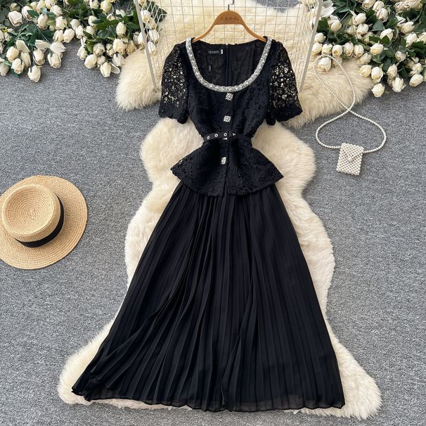 Women's French Style Lace Trimmed Dress Short Sleeved Summer Square Neck Slim Waist Pleated Long Skirt Elegant Sophisticated_ecoleips.com