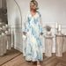 Women's Clothing Printed Chiffon See Through V Neck Long Sleeved Bohemian Dress_ecoleips.com
