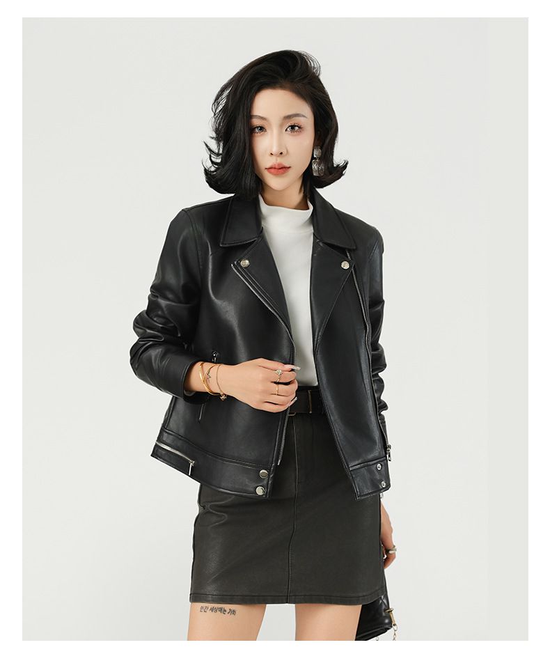Women's Clothing Jacket Short Suit Collar Leather Jacket Faux Leather Jacket Slim Fit Short Biker Blazer With Notch Lapel For Casual & Office Wear_ecoleips.com