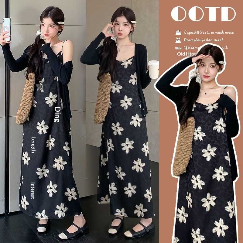Autumn New Korean Fashion Satin Strap Printed Two-Piece Maternity Dress_ecoleips.com