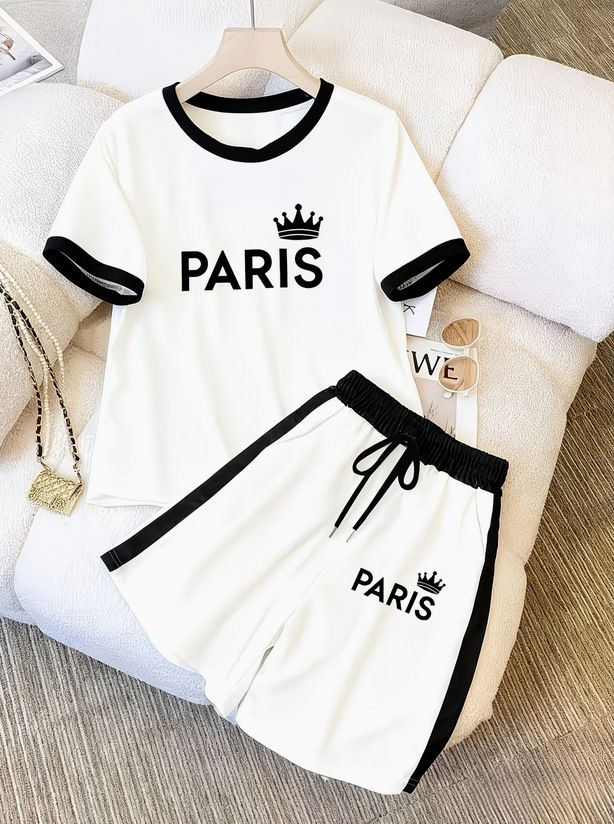 Women's Casual Summer French Style Crown Letter Print Short Sleeve Shorts Set Relaxed Fit Comfort Outfit_ecoleips.com