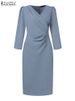 ZANZEA Women’s Elegant Bodycon Party Dress, Sexy V-Neck Knee Length Dress 3/4 Sleeve Ruched Waist, Summer Office Woman Clothes_ecoleips.com