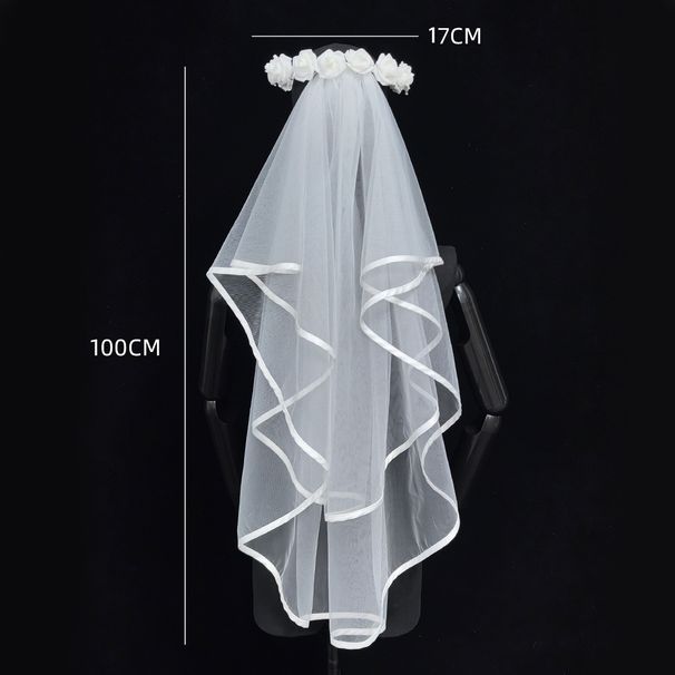 Double Layer Floral Veil With Handmade White Roses – Elegant Bridal Hairpiece For Wedding & Photography (Korean-Style)_ecoleips.com