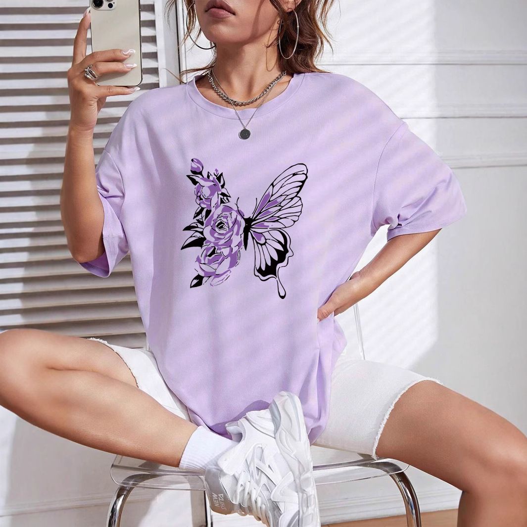 Women's Casual round Neck T-Shirt Purple Short Sleeve Loose Print Sporty Simple Top_ecoleips.com