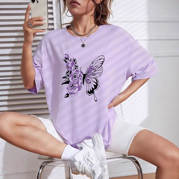 Women's Casual round Neck T-Shirt Purple Short Sleeve Loose Print Sporty Simple Top_ecoleips.com