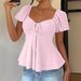 Summer New Women's V Neck Short Sleeve T-Shirt Sexy Solid Color Drawstring Top American Style_ecoleips.com